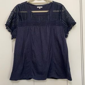 Maurices Navy Top Crochet Lace Yoke Fringe Trim